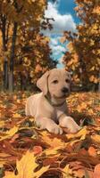 Puppy dog lying in autumn leaves forest 3d rendering photo