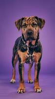 Portrt serious teckel dog isolated on purple colored background photo