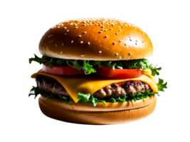 Front view of cheeseburger with slice of tomatoes, cheese, beef and lettuce isolated on transparent background. png