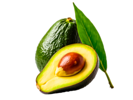 High angle view of avocado a whole and a half with green leaf isolated on transparent background. png