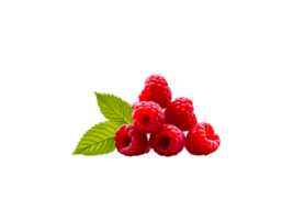 front view pile of ripe raspberry with green leaves isolated on transparent background png