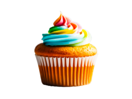 Front view of delicious cupcake garnish with colorful cream isolated on transparent background. png