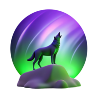wonderful rustic A lone wolf howling at the aurora borealis, silhouetted against the vibrant green and purple sky, in a minimalist graphic design style authentic png