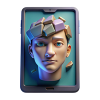 magnificent traditional A broken tablet screen displaying a distorted image of a human face, glitch art style, harsh lighting professional png