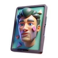serene abstract A broken tablet screen displaying a distorted image of a human face, glitch art style, harsh lighting original png