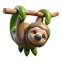 elegant creative A sleepy sloth hanging upside down from a tree branch, its fur covered in moss and algae, in a quirky cartoon style high quality png