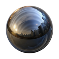 stunning creative A single, perfect sphere of polished obsidian, reflecting a distorted cityscape, with dramatic, Rembrandt-style lighting premium png