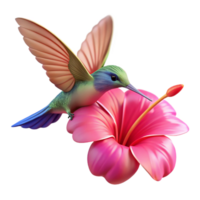 dramatic rustic A tiny hummingbird hovering over a neon pink hibiscus flower, bokeh effect, macro photography, 4K png