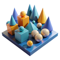 serene creative A field of geometric primitives, in contrasting colors and textures, lit by a directional, cool light high resolution png