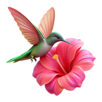 vibrant rustic A tiny hummingbird hovering over a neon pink hibiscus flower, bokeh effect, macro photography, genuine png