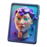 dramatic modern A broken tablet screen displaying a distorted image of a human face, glitch art style, harsh lighting professional png