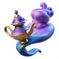 dramatic abstract A powerful djinn emerging from a magic lamp, swirling smoke and ethereal glow, orientalist style detailed png