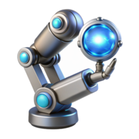 elegant contemporary A chrome robotic arm delicately holding a glowing orb of data, intricate circuitry visible beneath its polished surface, lit by soft blue neon light premium png