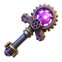 stunning contemporary A detailed illustration of a steampunk key, intricate carvings and gears, illuminated by a mysterious, purple light detailed png