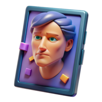 elegant contemporary A broken tablet screen displaying a distorted image of a human face, glitch art style, harsh lighting original png