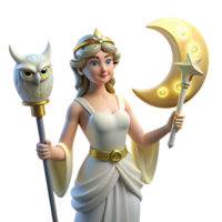 serene modern A wise Athena, Goddess of Wisdom, holding an owl and a spear, bathed in the soft glow of moonlight, neoclassical style detailed png