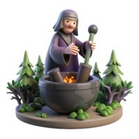 extraordinary abstract A powerful Slavic Baba Yaga flying in her mortar, pestle in hand, surrounded by dense forest, dark fantasy style, low lighting, exclusive png