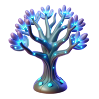 vibrant artistic A bioluminescent tree with glowing circuitry embedded in its branches, fantasy style, ethereal lighting premium png