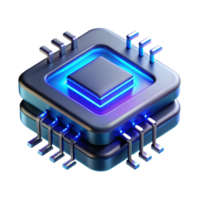 elegante abstrato uma solteiro microchip, ampliado para revelar Está complexo circuitos brilhando com néon azul luz, cyberpunk estilo, dramático perspectiva exclusivo png