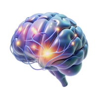serene modern A holographic projection of a human brain, neural pathways firing and glowing, lit by an internal light high quality png