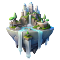 dramatic rustic Floating island city, waterfalls cascading down the sides, ethereal glow, dreamlike atmosphere, matte painting style, original png