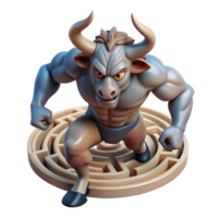 impressive creative A powerful minotaur trapped in the labyrinth, intricate maze visible in the background, muscles rippling, surreal style high resolution png