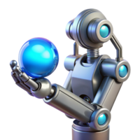 stunning abstract A chrome robotic arm delicately holding a glowing orb of data, intricate circuitry visible beneath its polished surface, lit by a soft blue light, cinematic style genuine png