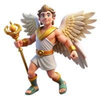 magnificent minimalist Hermes, messenger of the gods, with winged sandals and a caduceus, dynamic pose, comic book style high resolution png