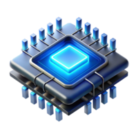 wonderful minimalist A single microchip, magnified to reveal its complex circuitry glowing with neon blue light, cyberpunk style, dramatic perspective authentic png