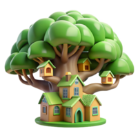 impressive vintage A giant tree with houses built into its branches, whimsical style, dappled sunlight, vibrant green colors, high resolution png