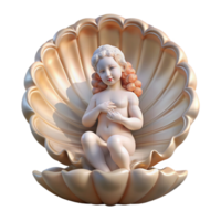 impressive modern Aphrodite emerging from a giant scallop shell, surrounded by cherubs, soft and ethereal lighting, Renaissance style detailed png