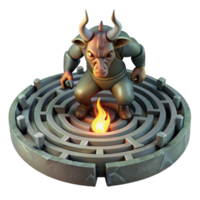 impressive modern The Minotaur, trapped in the labyrinth, lit by a single torch, dark and ominous, Gustave Dore style high quality png