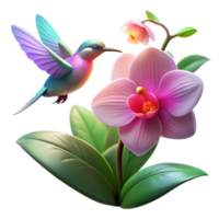 vibrant creative A single, vibrant hummingbird hovering over a neon pink orchid in a misty rainforest at dawn, lit by dappled sunlight premium png