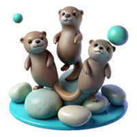 elegant rustic Three playful otters juggling smooth, grey river stones, underwater photography, muted blues and greens authentic png