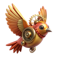 elegant modern A steampunk-inspired mechanical bird in flight, detailed gears and cogs visible, vintage style, warm lighting high quality png