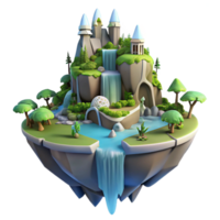 serene artistic A floating island city, waterfalls cascading down the sides, lush vegetation, fantastical, magical style exclusive png