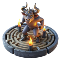 serene minimalist The Minotaur, trapped in the labyrinth, lit by a single torch, dark and ominous, Gustave Dore style 4K png