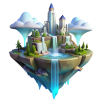 wonderful rustic Floating island city, waterfalls cascading down the sides, ethereal glow, dreamlike atmosphere, matte painting style, genuine png
