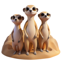 stunning modern A group of meerkats standing guard on a sandy dune, warm desert lighting, cartoon style exclusive png