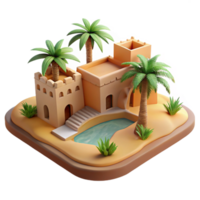 extraordinary contemporary Desert oasis, traditional mud-brick architecture, palm trees, bright sunlight, peaceful atmosphere, realistic rendering, authentic png