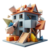 dramatic artistic A Deconstructivist building, fragmented shapes, clashing materials, chaotic, dynamic style detailed png