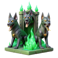 beautiful minimalist Cerberus, the three-headed hound of Hades, guarding the gates of the underworld, illuminated by flickering green flames, in a gritty, realistic style 4K png