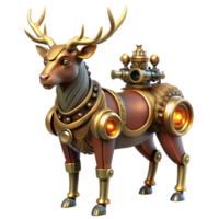 serene rustic A steampunk automaton resembling a majestic stag, with gears and pistons visible beneath its metallic hide, illuminated by a dramatic spotlight exclusive png