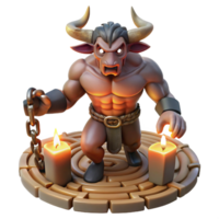 serene creative A powerful Minotaur with the body of a man and the head of a bull, trapped in a labyrinth bathed in dim torchlight, graphic novel style 4K png