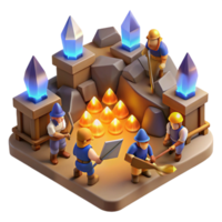 beautiful classic A group of dwarves mining for gems in a cavern lit by glowing crystals, warm lighting, isometric view premium png