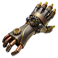 serene modern A close-up of a steampunk prosthetic arm, intricate gears and wires visible, dramatic chiaroscuro lighting high quality png