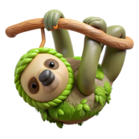 elegant classic A sleepy sloth hanging upside down from a tree branch, its fur covered in moss and algae, in a quirky cartoon style exclusive png