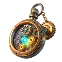 wonderful vintage A close-up of a steampunk pocket watch, with intricate gears and glowing gemstones, illuminated by a single beam of light. Macro photography lighting, photorealistic style premium png