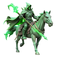 serene vintage A spectral knight riding a skeletal warhorse, ghostly green lighting, gothic horror style high quality png