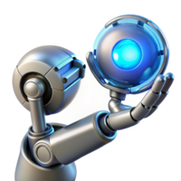 magnificent creative A chrome robotic arm delicately holding a glowing orb of data, intricate circuitry visible beneath its polished surface, lit by soft blue neon light exclusive png